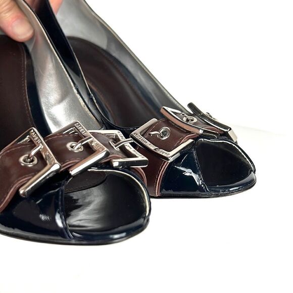 Karen Millen Dark Blue Patent  Mirror Silver Open Toe Heels / Wedge US 6 - Picture 7 of 16